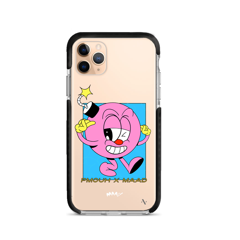 PMouh x MAAD Clear Case for iPhone 11 Pro Max featuring vibrant characters and a slim design for protection.