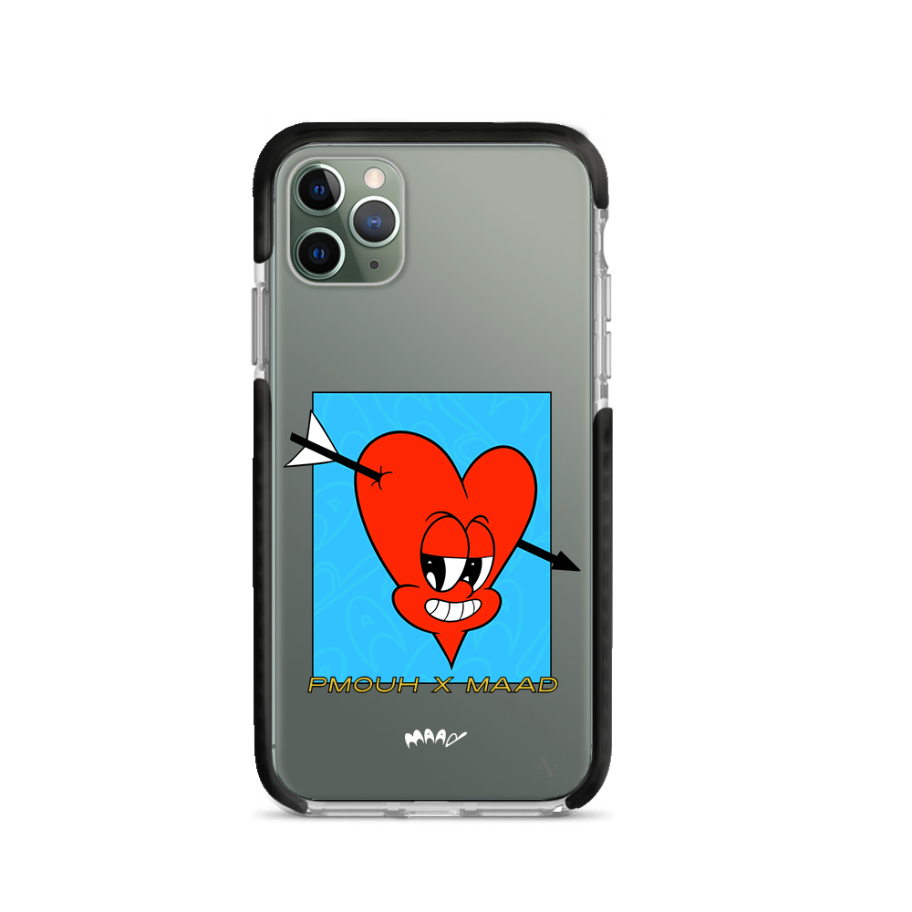 PMouh x MAAD Clear Case for iPhone 11 Pro Max featuring vibrant characters and a slim design for protection.