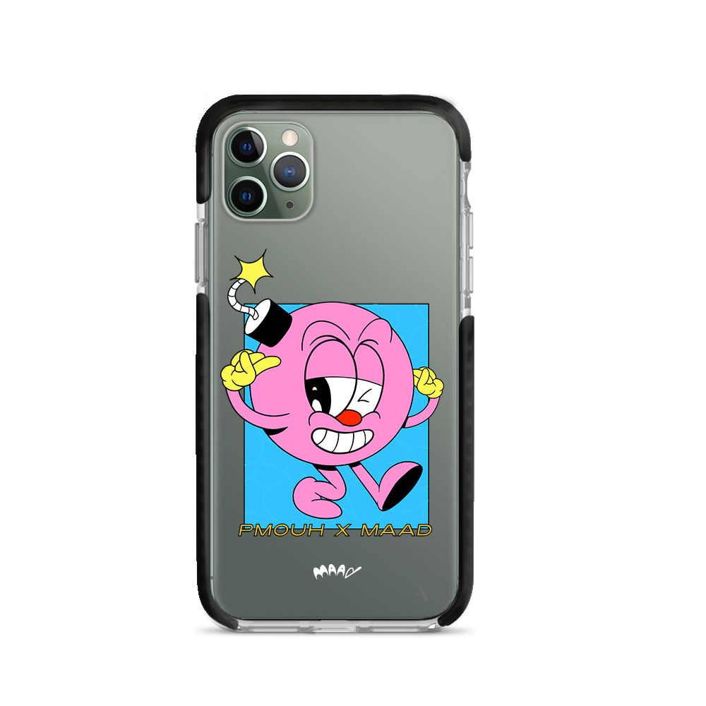 PMouh x MAAD Clear Case for iPhone 11 Pro Max featuring vibrant characters and a slim design for protection.