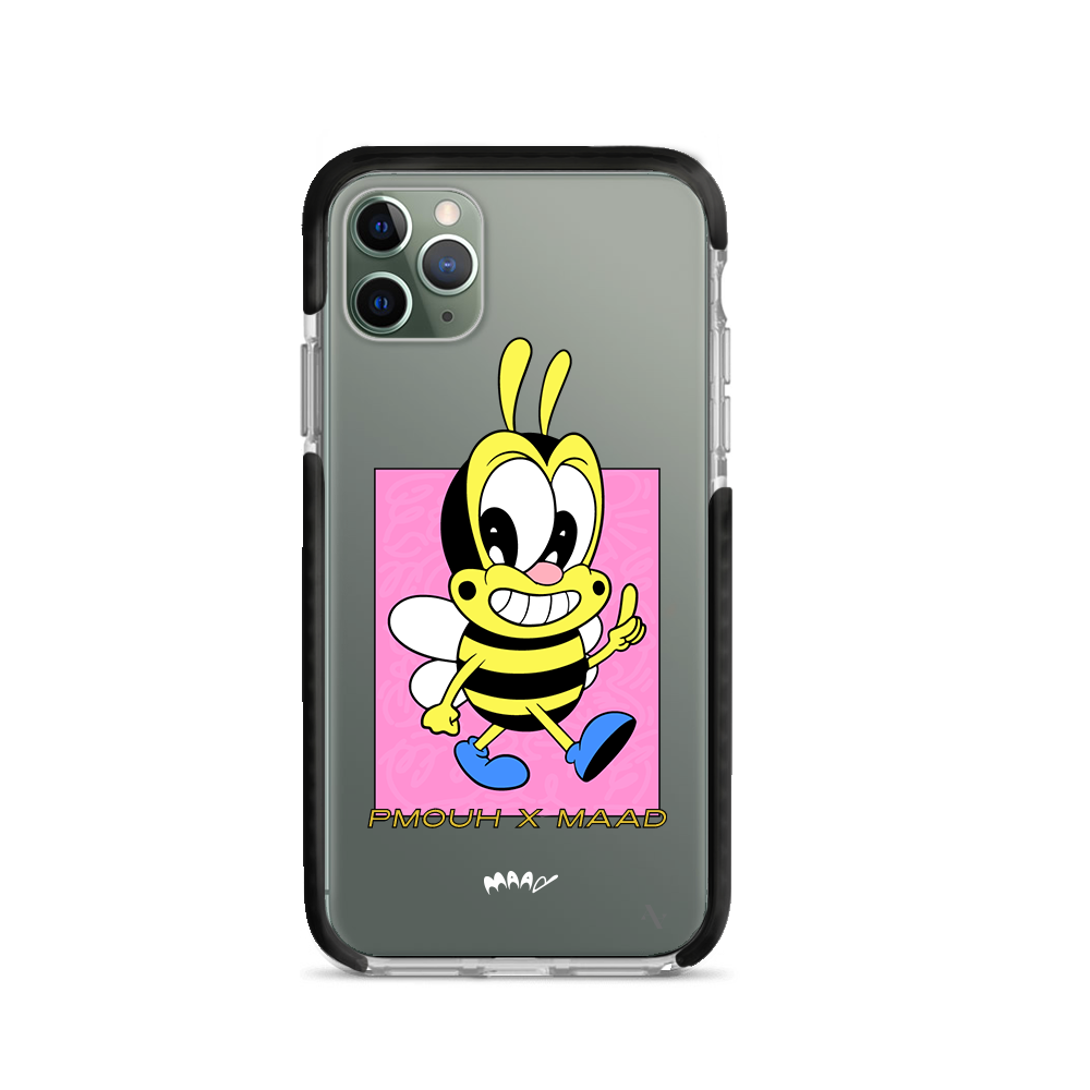 PMouh x MAAD Clear Case for iPhone 11 Pro Max featuring vibrant characters and a slim design for protection.