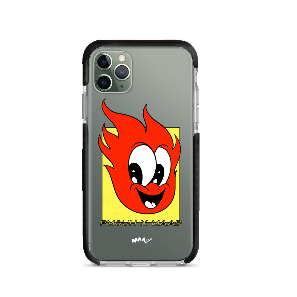 PMouh x MAAD Clear Case for iPhone 11 Pro Max featuring vibrant characters and a slim design for protection.