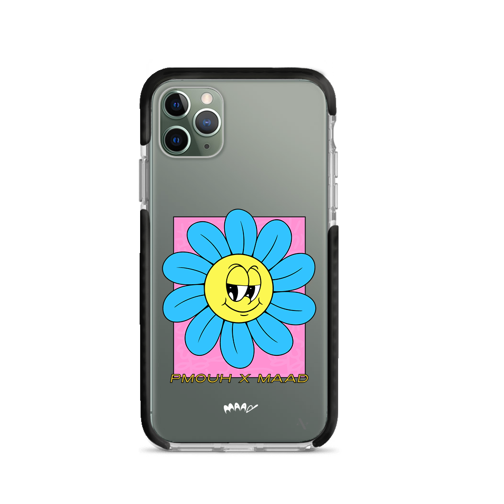 PMouh x MAAD Clear Case for iPhone 11 Pro Max featuring vibrant characters and a slim design for protection.