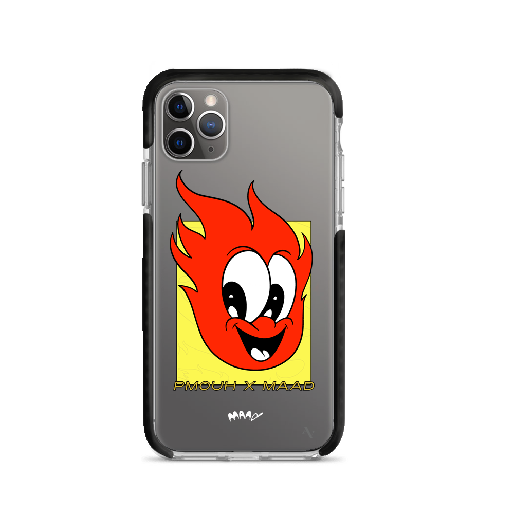 PMouh x MAAD Clear Case for iPhone 11 Pro Max featuring vibrant characters and a slim design for protection.