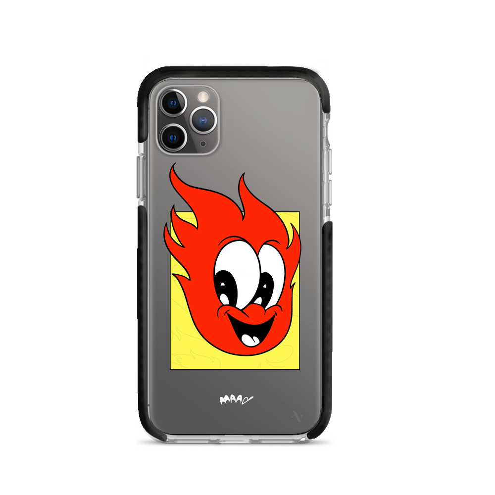 PMouh x MAAD Clear Case for iPhone 11 Pro Max featuring vibrant characters and a slim design for protection.