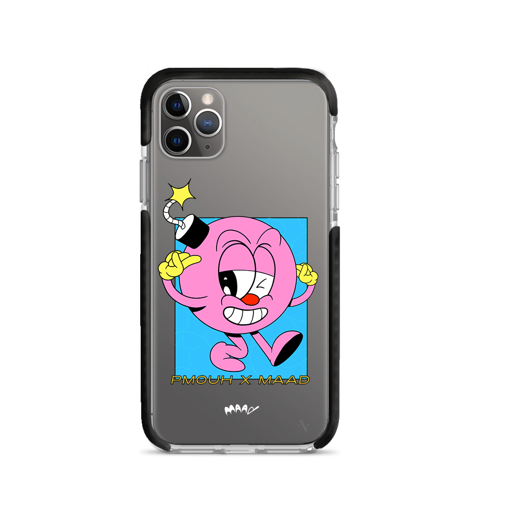 PMouh x MAAD Clear Case for iPhone 11 Pro Max featuring vibrant characters and a slim design for protection.