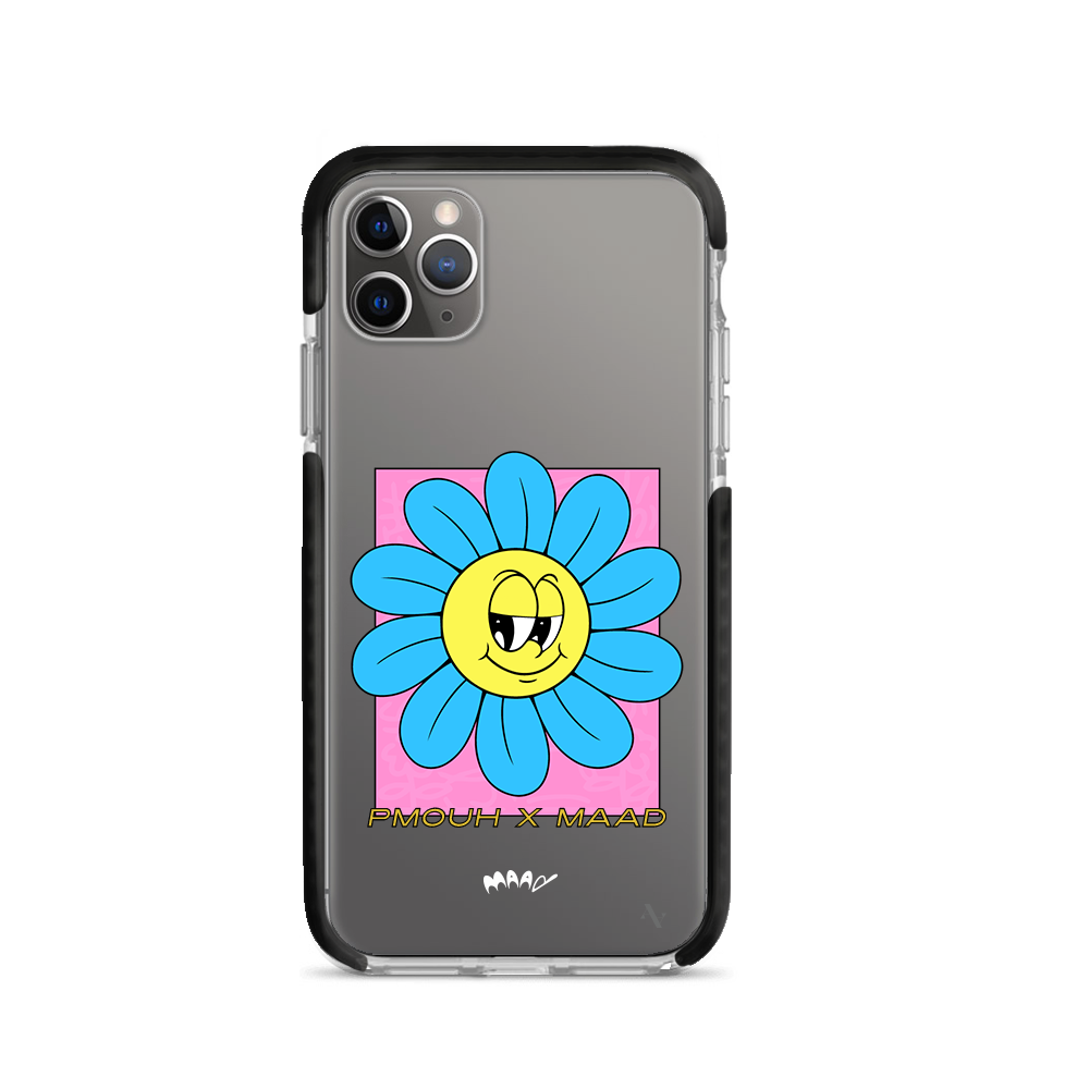 PMouh x MAAD Clear Case for iPhone 11 Pro Max featuring vibrant characters and a slim design for protection.