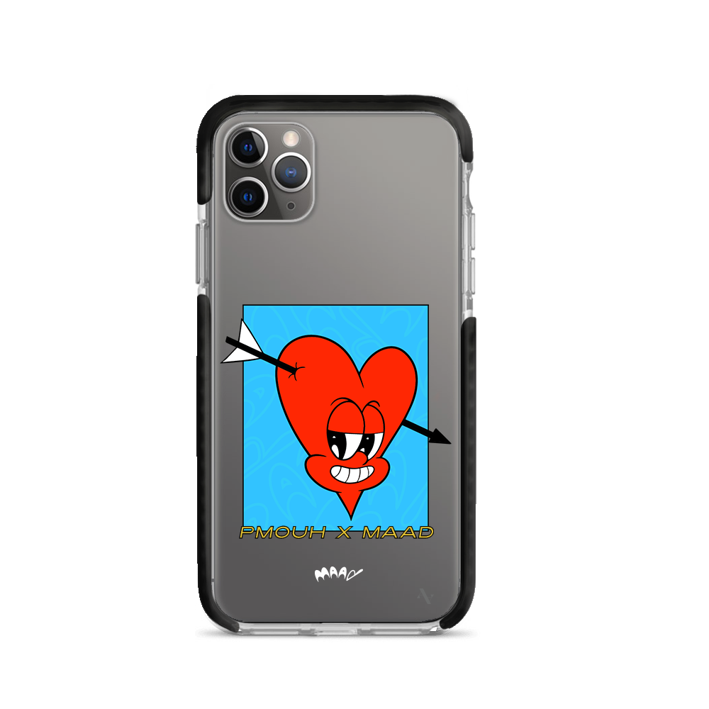 PMouh x MAAD Clear Case for iPhone 11 Pro Max featuring vibrant characters and a slim design for protection.