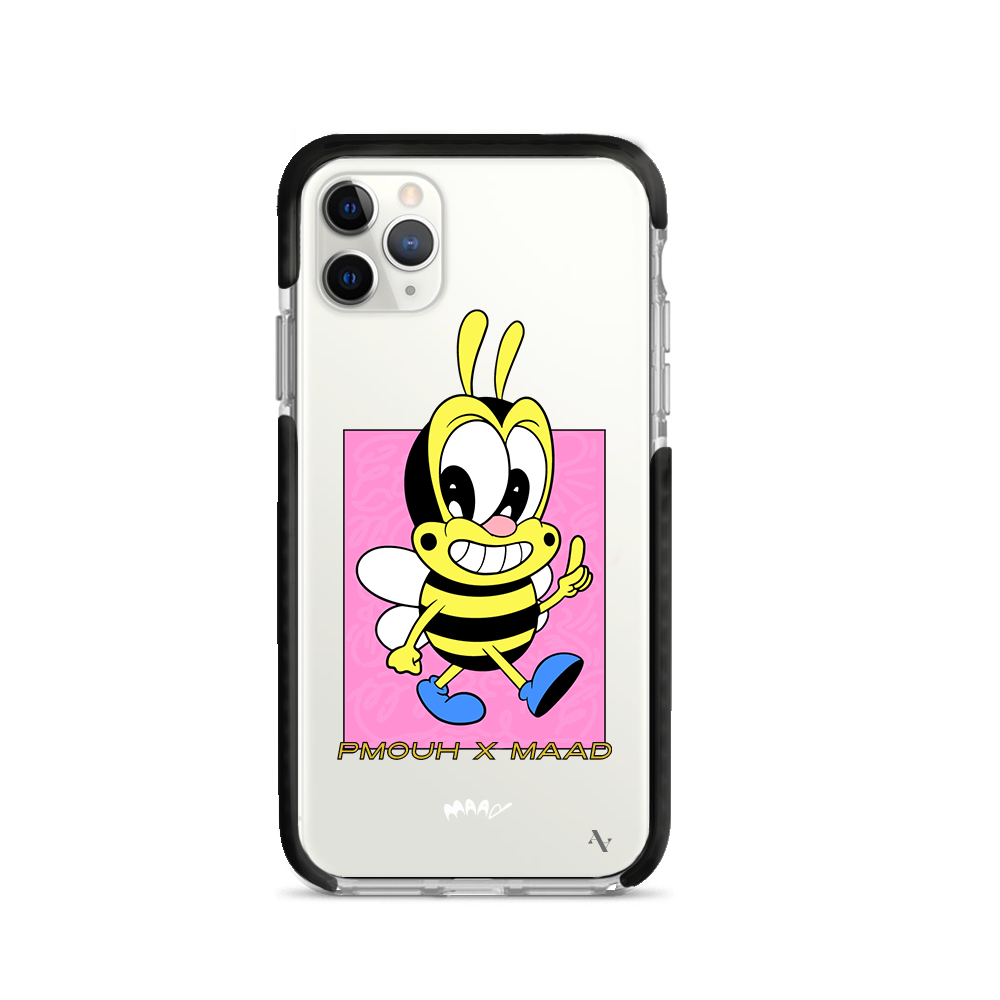 PMouh x MAAD Clear Case for iPhone 11 Pro Max featuring vibrant characters and a slim design for protection.