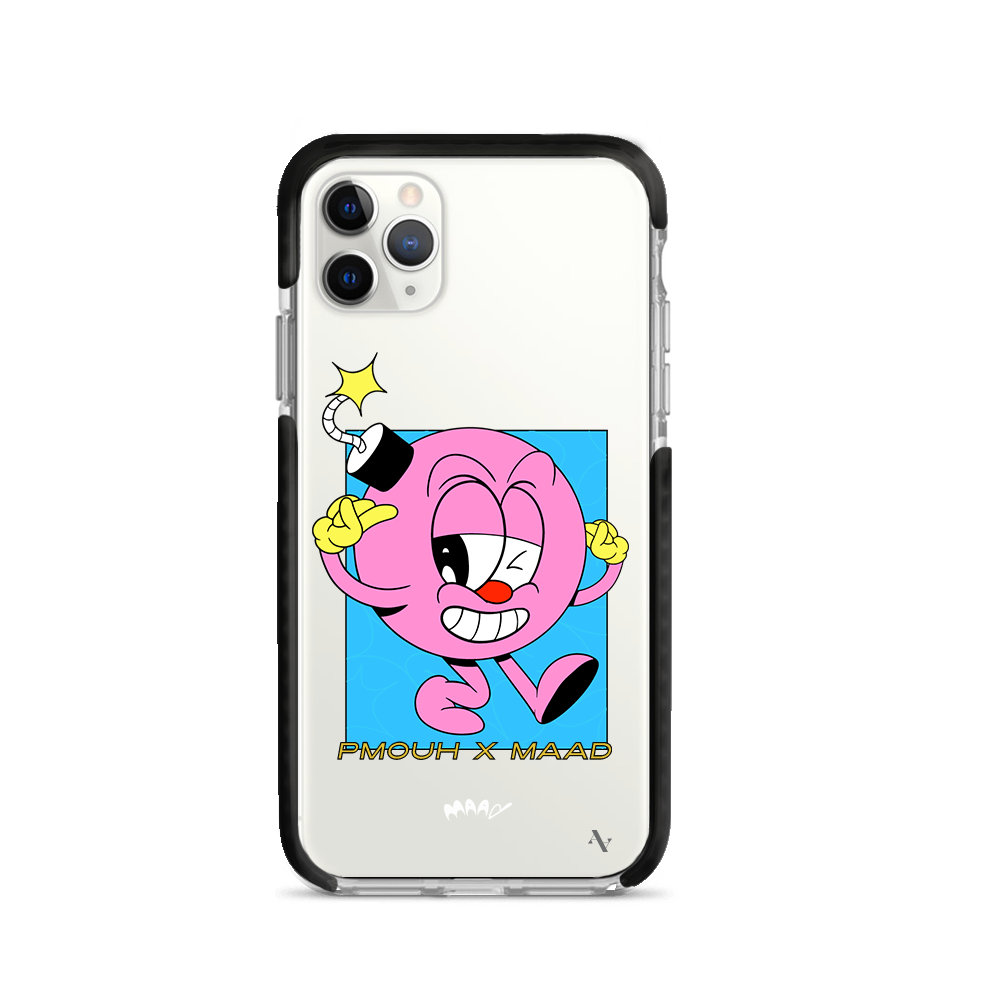 PMouh x MAAD Clear Case for iPhone 11 Pro Max featuring vibrant characters and a slim design for protection.