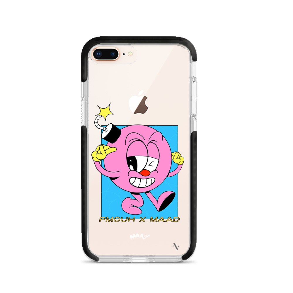 PMouh x MAAD Clear Case for iPhone 7/8 Plus featuring vibrant anthropomorphic characters and a slim design for protection.