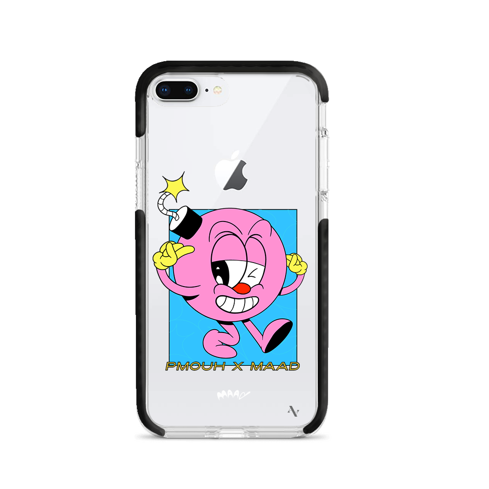 PMouh x MAAD Clear Case for iPhone 7/8 Plus featuring vibrant anthropomorphic characters and a slim design for protection.