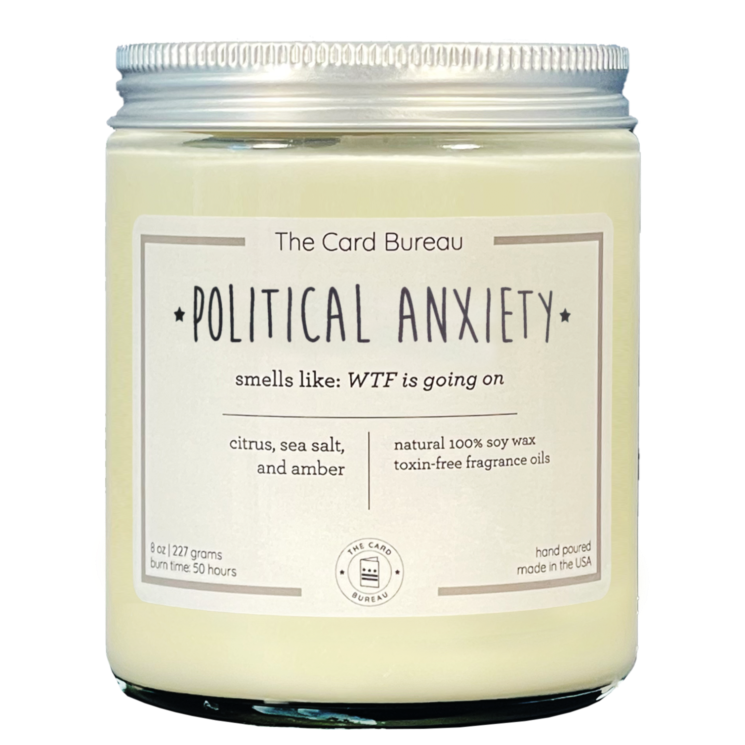 A hand-poured Political Anxiety Candle in a glass jar, featuring a citrus, sea salt, and amber scent, with a recyclable tin lid, showcasing its eco-friendly design.