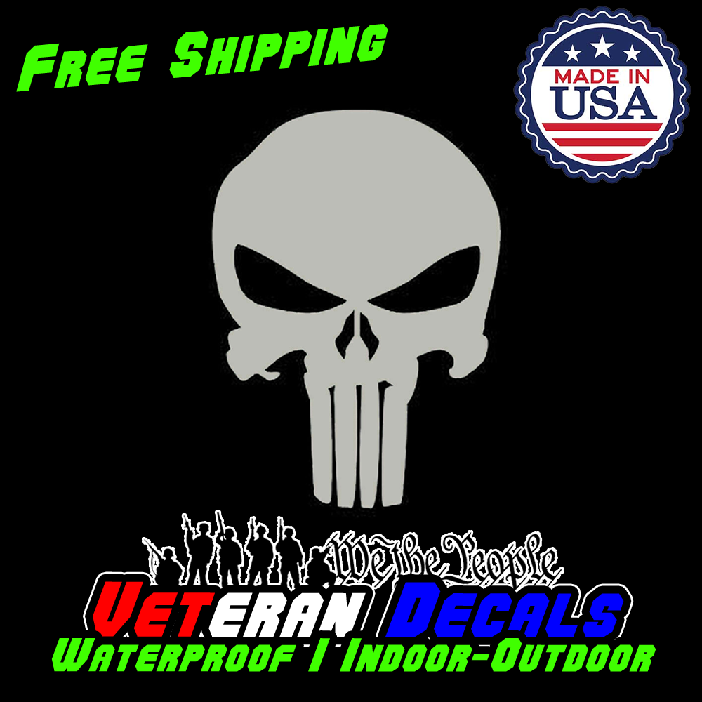 Punisher Skull Sticker on a white background, showcasing its bold design and premium vinyl material.