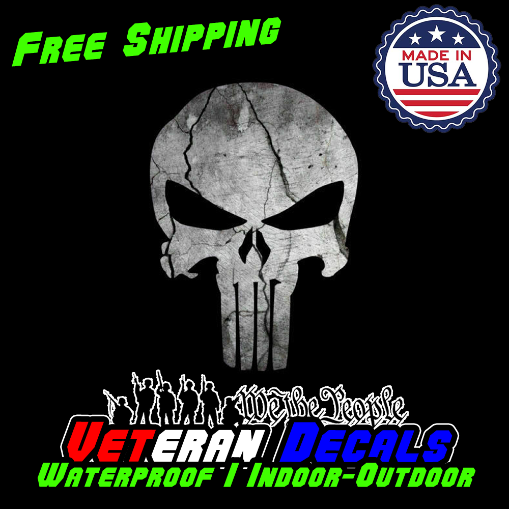 Punisher Skull Stoned Sticker Decal featuring an iconic skull design, made from premium automotive vinyl, suitable for various surfaces.