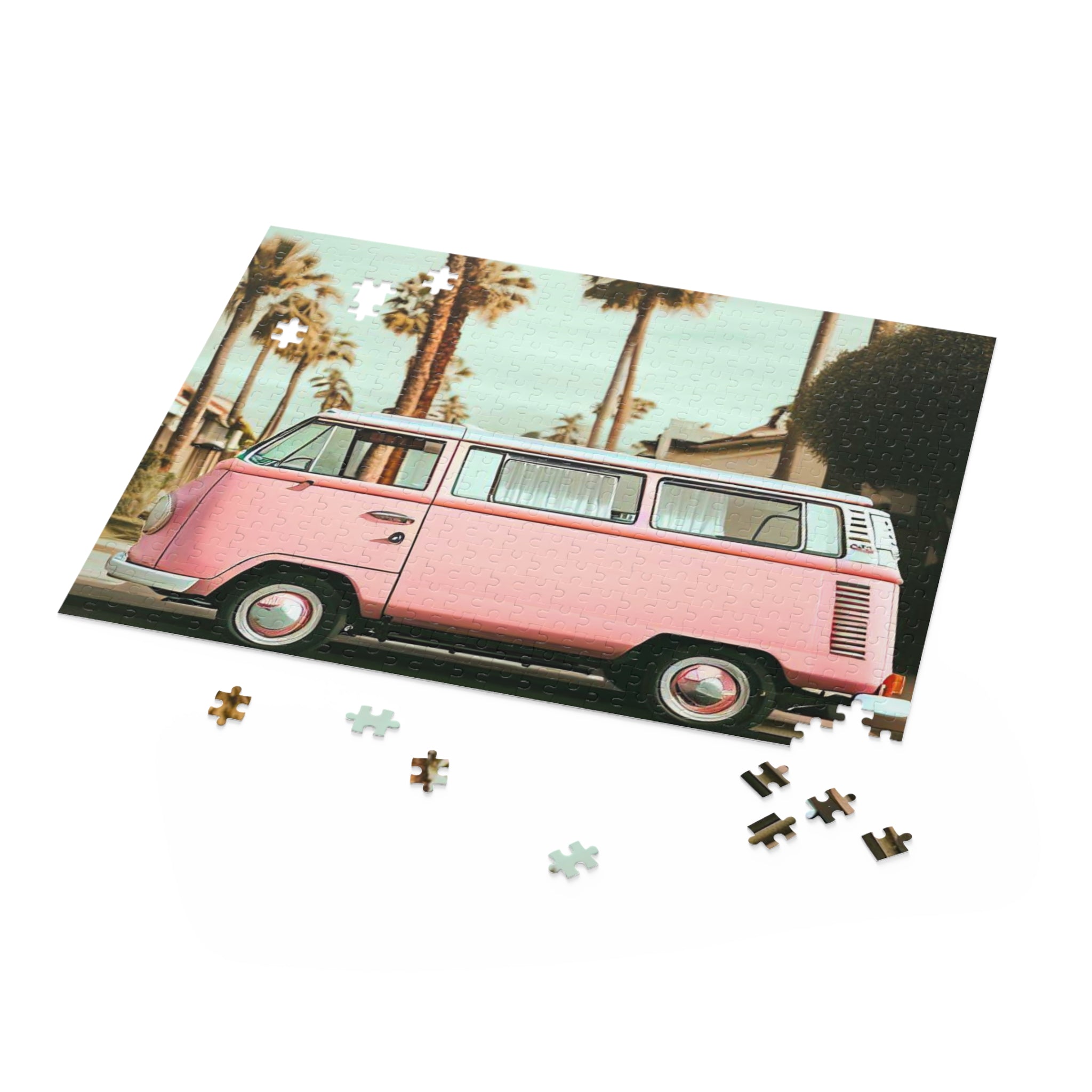 Retro Neighborhood Van Jigsaw Puzzle with 500 high-quality chipboard pieces, showcasing a charming neighborhood scene.