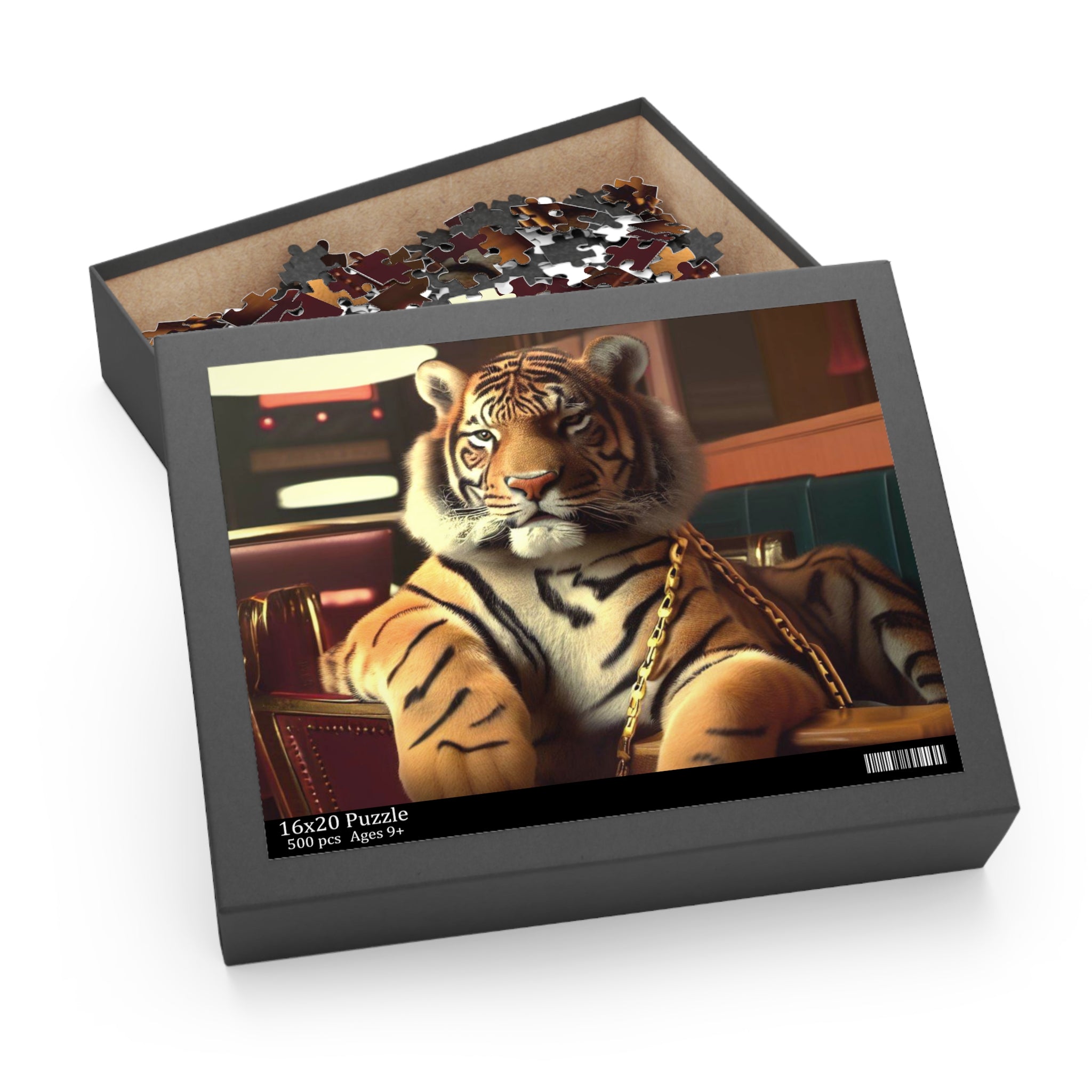 Retro Tiger In A Diner Jigsaw Puzzle featuring vibrant colors and a whimsical tiger design, perfect for family fun.