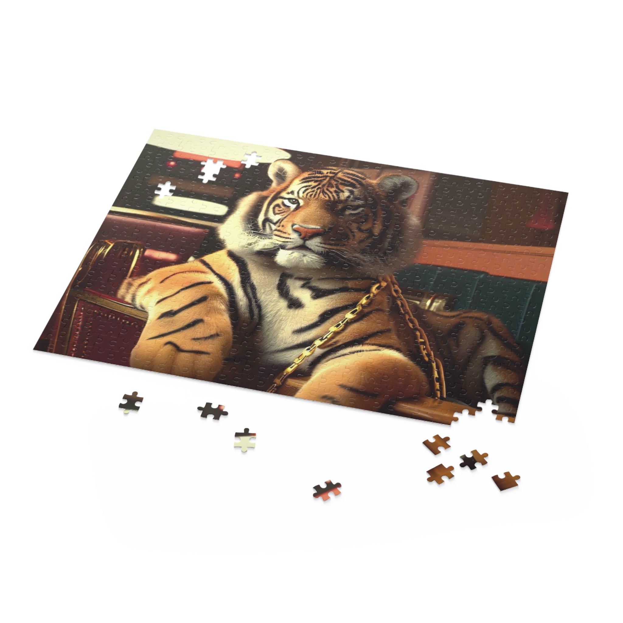 Retro Tiger In A Diner Jigsaw Puzzle featuring vibrant colors and a whimsical tiger design, perfect for family fun.