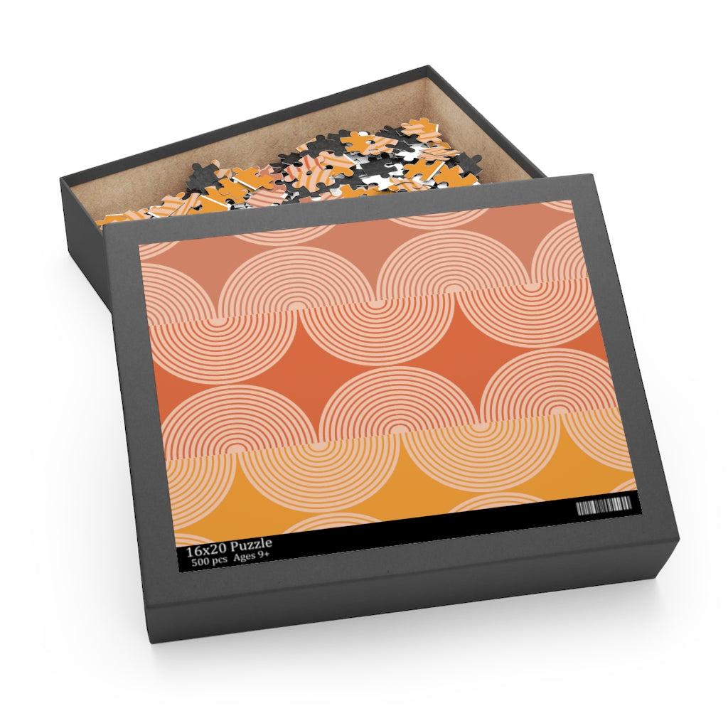 Retro Waves Jigsaw Puzzle featuring vibrant colors and 500 high-quality chipboard pieces in a gift-ready box.