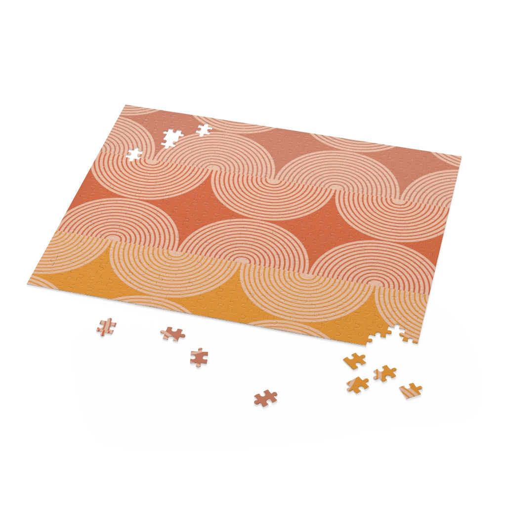 Retro Waves Jigsaw Puzzle featuring vibrant colors and 500 high-quality chipboard pieces in a gift-ready box.