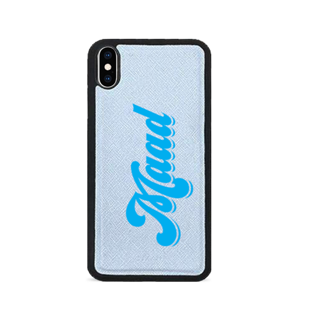 Saffiano Baby Blue iPhone XS MAX case made of genuine leather with a soft rubber rim, showcasing its stylish design and personalization options.