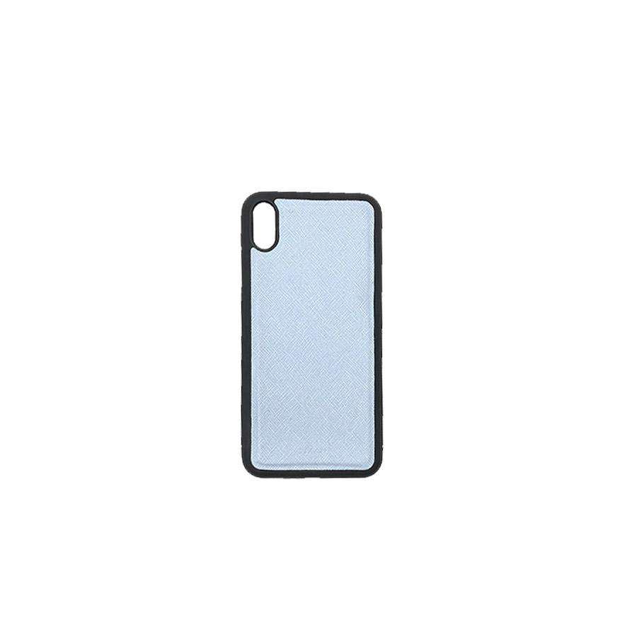 Saffiano Baby Blue iPhone XS MAX case made of genuine leather with a soft rubber rim, showcasing its stylish design and personalization options.