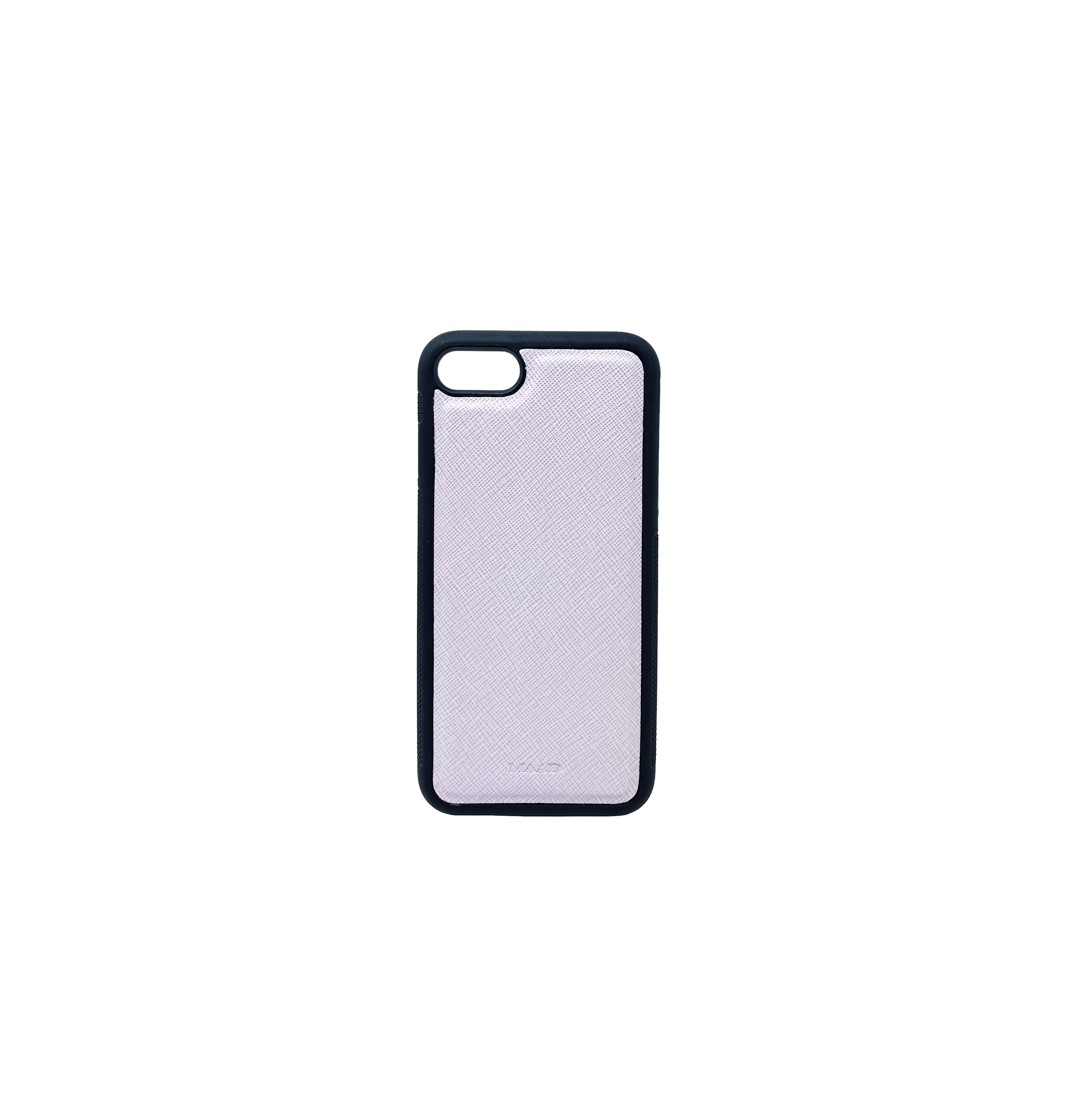 Saffiano Lilac iPhone 7/8/SE case made of genuine leather with a soft rubber rim, showcasing personalized monogram options.