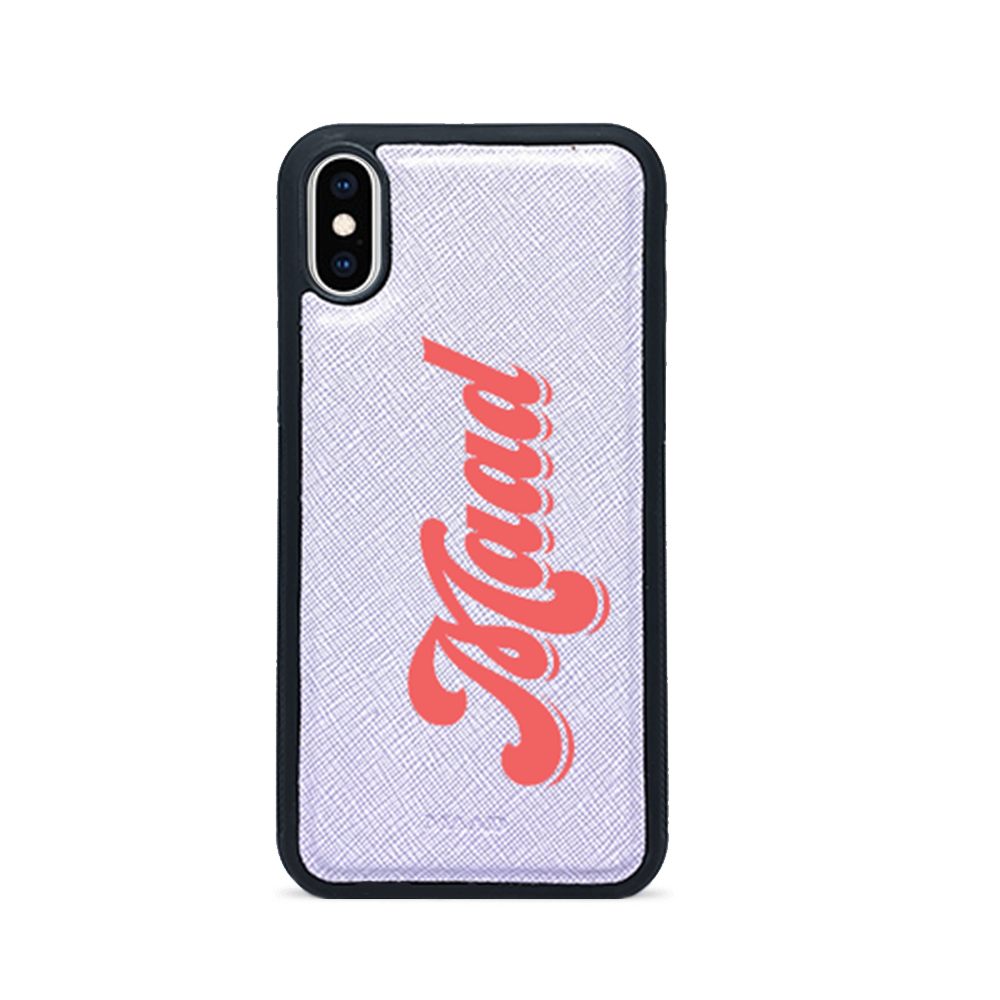 Saffiano Lilac iPhone X/XS case made of genuine leather with a soft rubber rim, showcasing its elegant design and customization options.