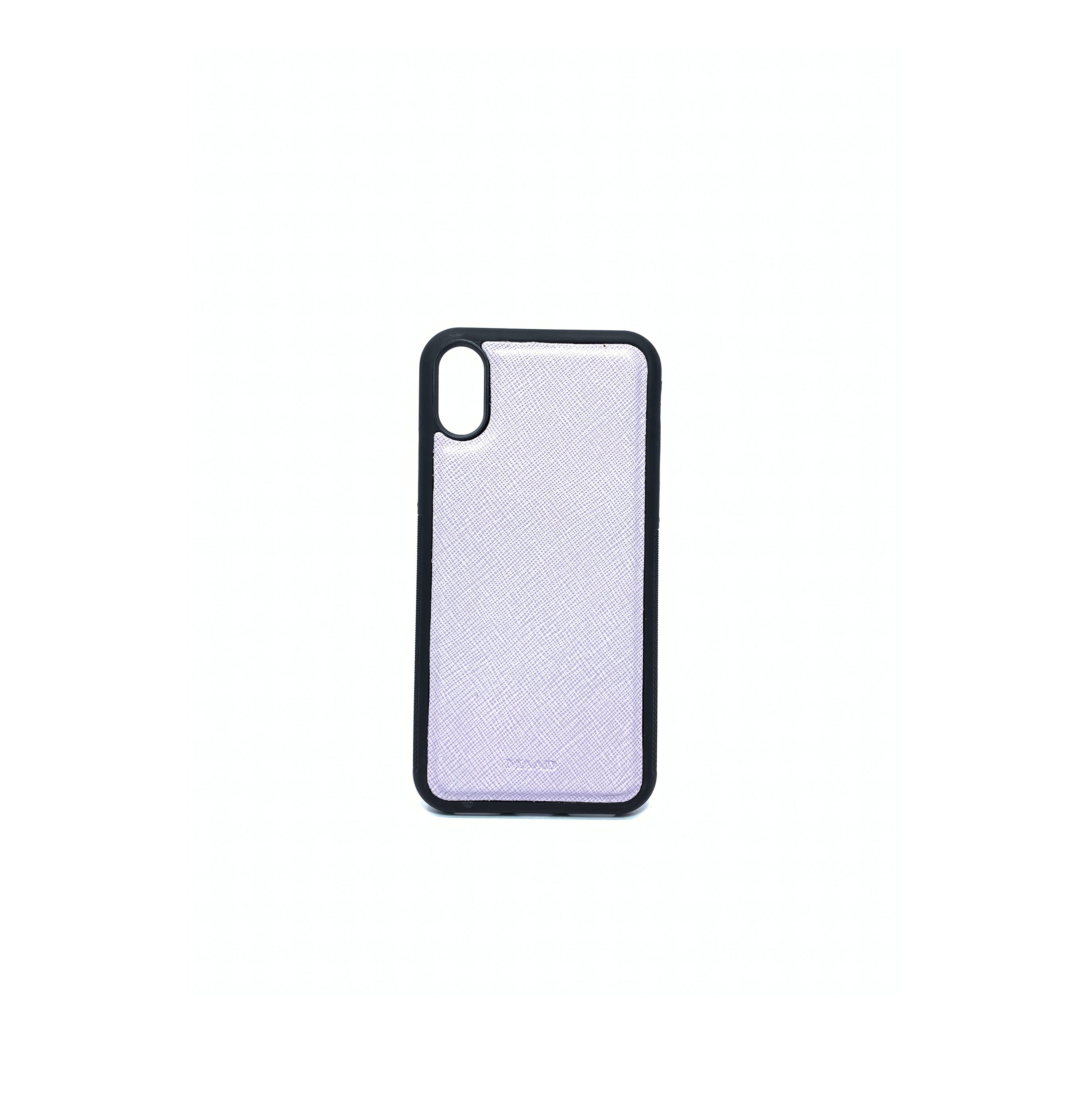 Saffiano Lilac iPhone X/XS case made of genuine leather with a soft rubber rim, showcasing its elegant design and customization options.