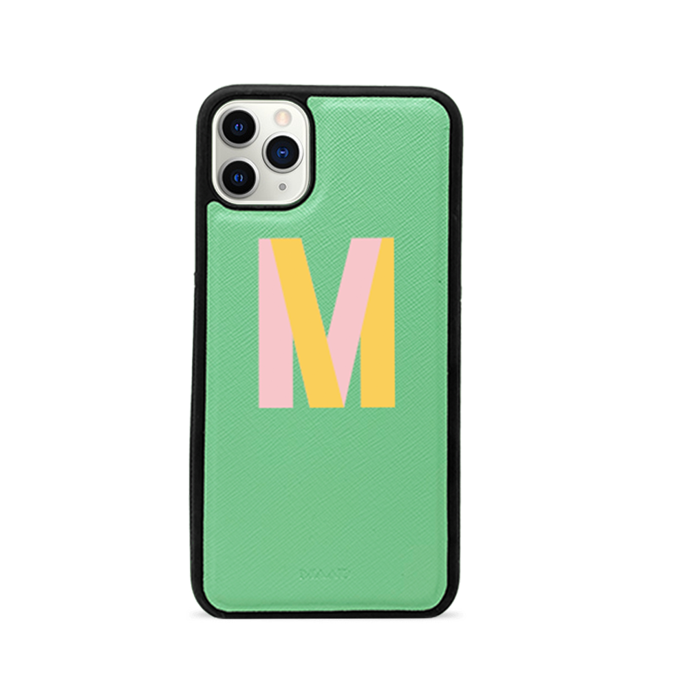 Saffiano Mint iPhone 11 Pro Case featuring genuine leather and soft rubber rim, customizable with monogram options.