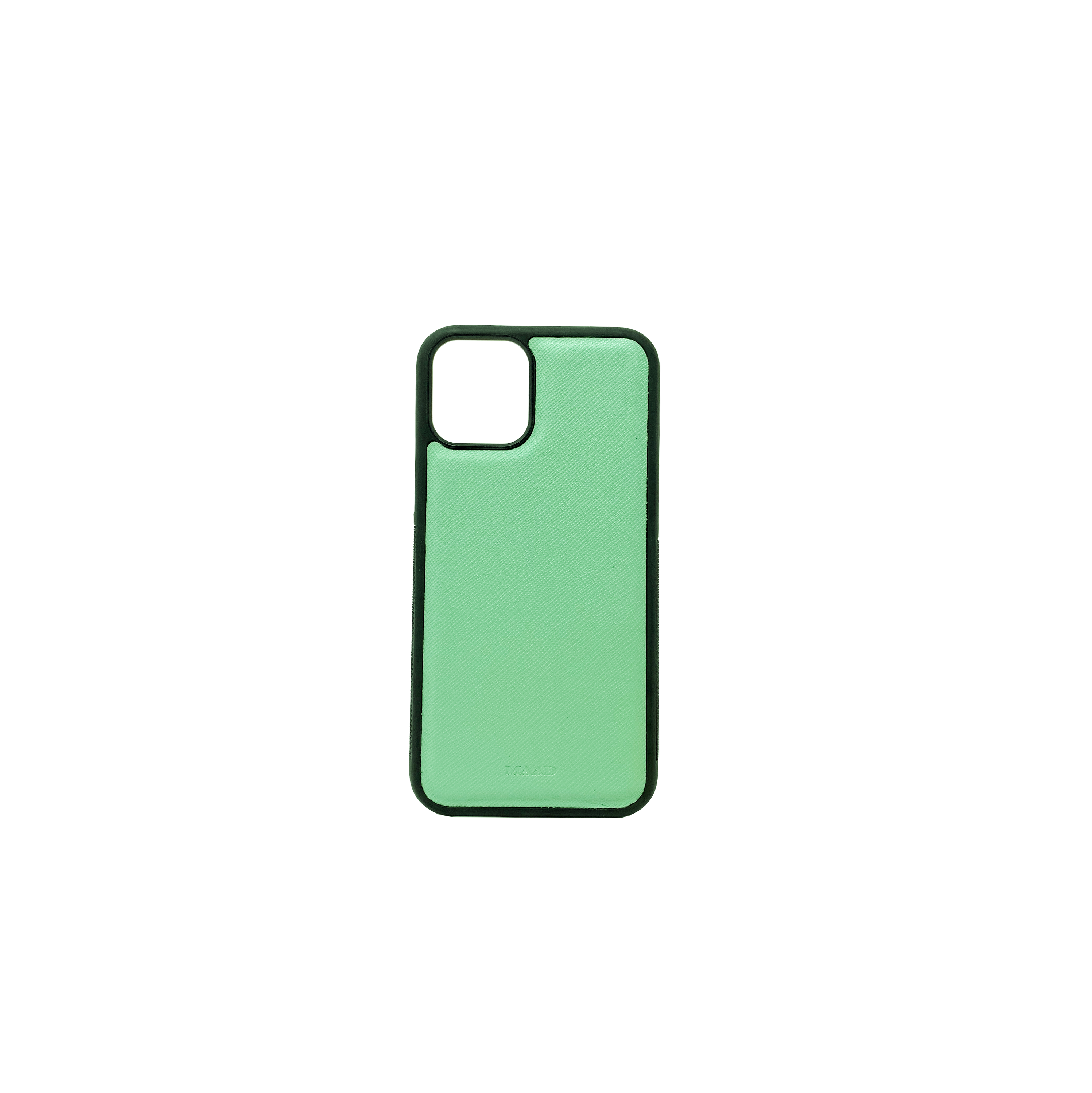 Saffiano Mint iPhone 11 Pro Case featuring genuine leather and soft rubber rim, customizable with monogram options.