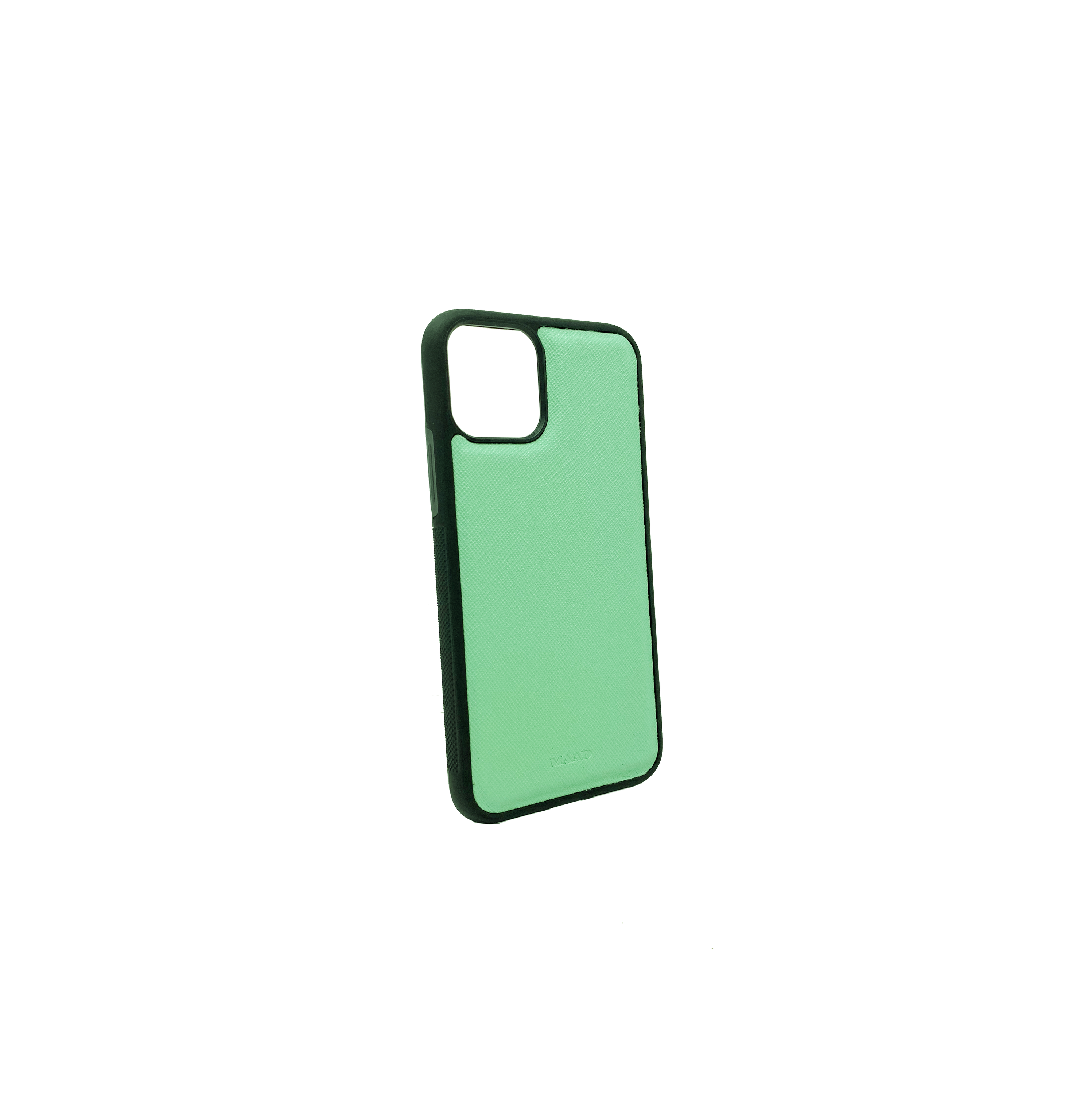 Saffiano Mint iPhone 11 Pro Case featuring genuine leather and soft rubber rim, customizable with monogram options.