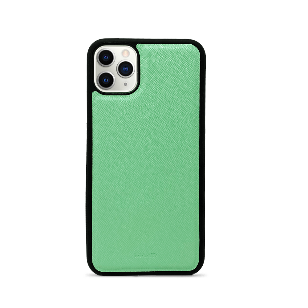 Saffiano Mint iPhone 11 Pro Max Case made of genuine leather with a soft rubber rim, showcasing personalization options.