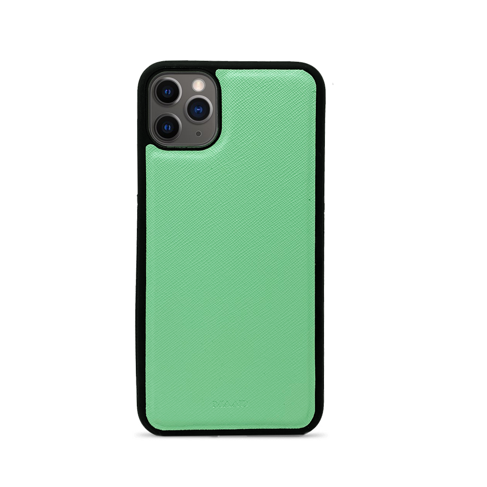 Saffiano Mint iPhone 11 Pro Max Case made of genuine leather with a soft rubber rim, showcasing personalization options.