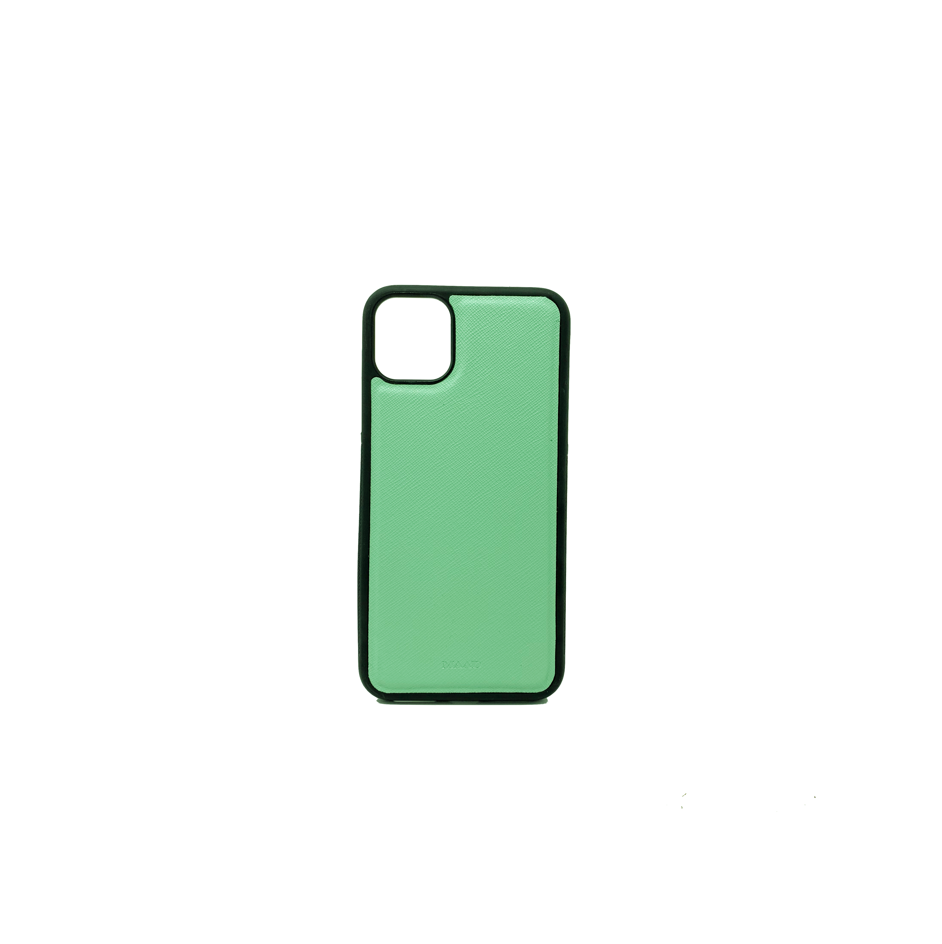 Saffiano Mint iPhone 11 Pro Max Case made of genuine leather with a soft rubber rim, showcasing personalization options.