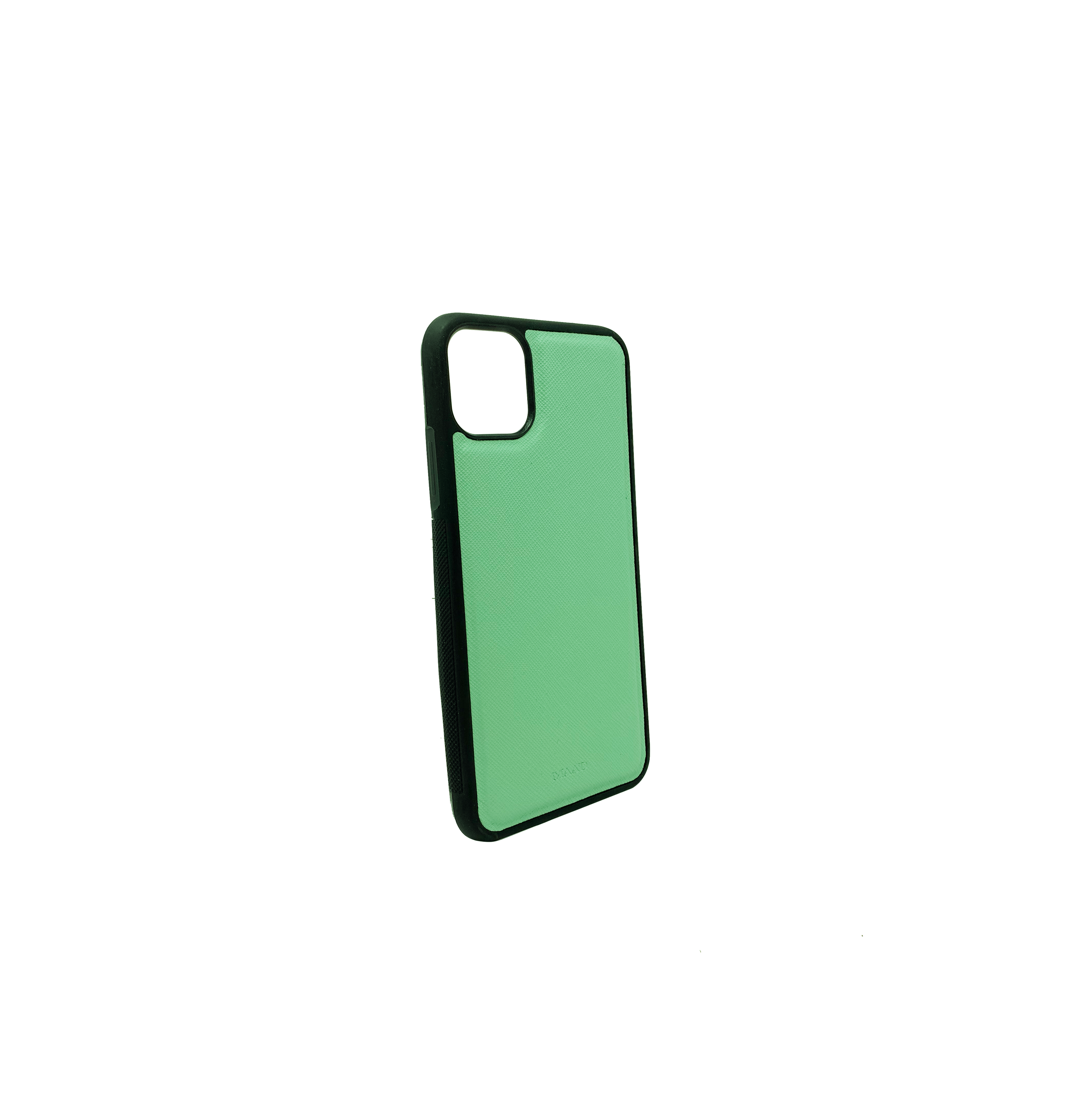 Saffiano Mint iPhone 11 Pro Max Case made of genuine leather with a soft rubber rim, showcasing personalization options.