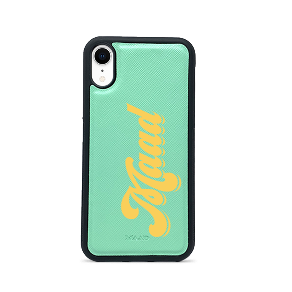 Saffiano Mint iPhone XR Case made of genuine leather with a soft rubber rim, showcasing personalization options.