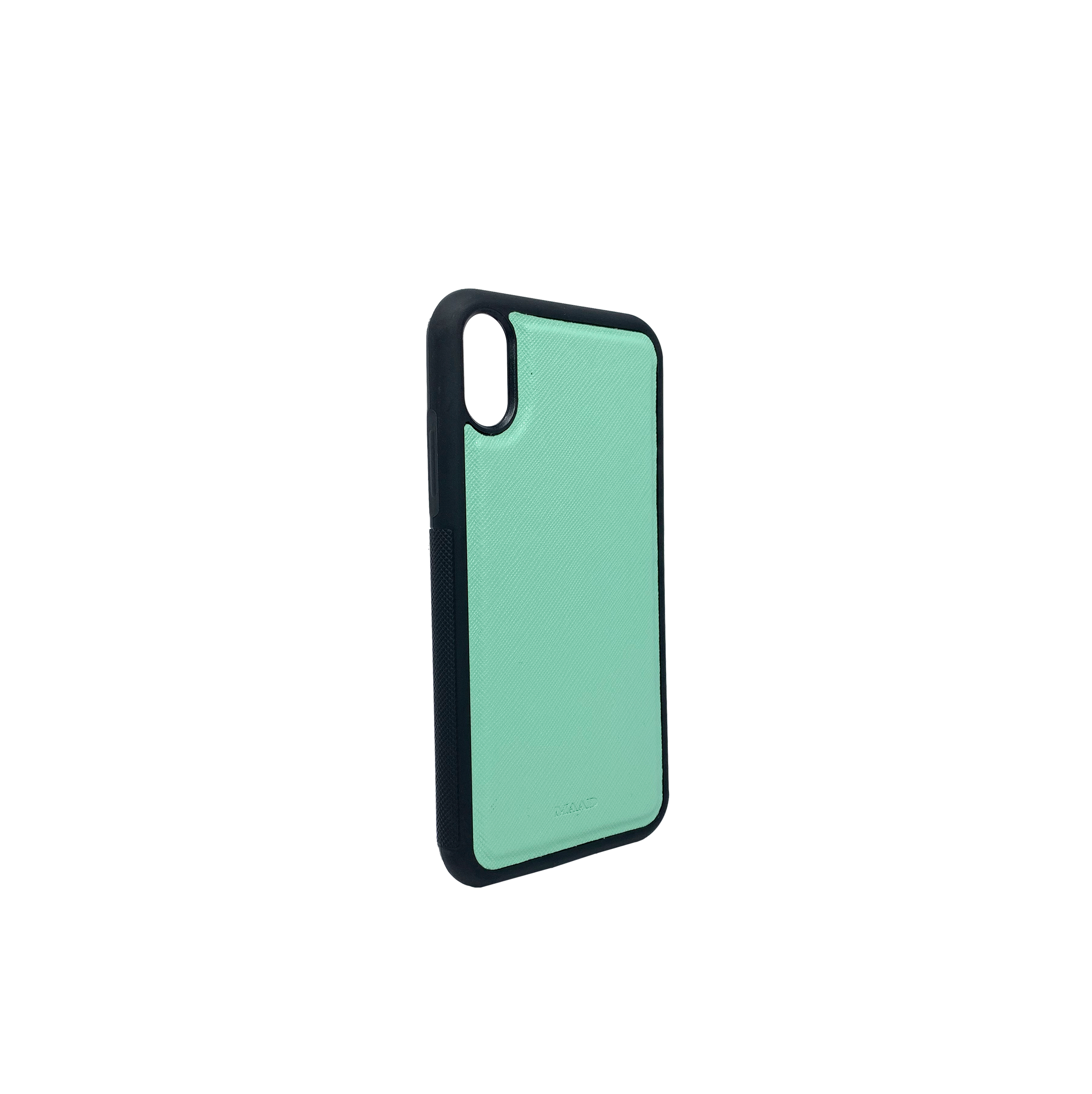 Saffiano Mint iPhone XR Case made of genuine leather with a soft rubber rim, showcasing personalization options.