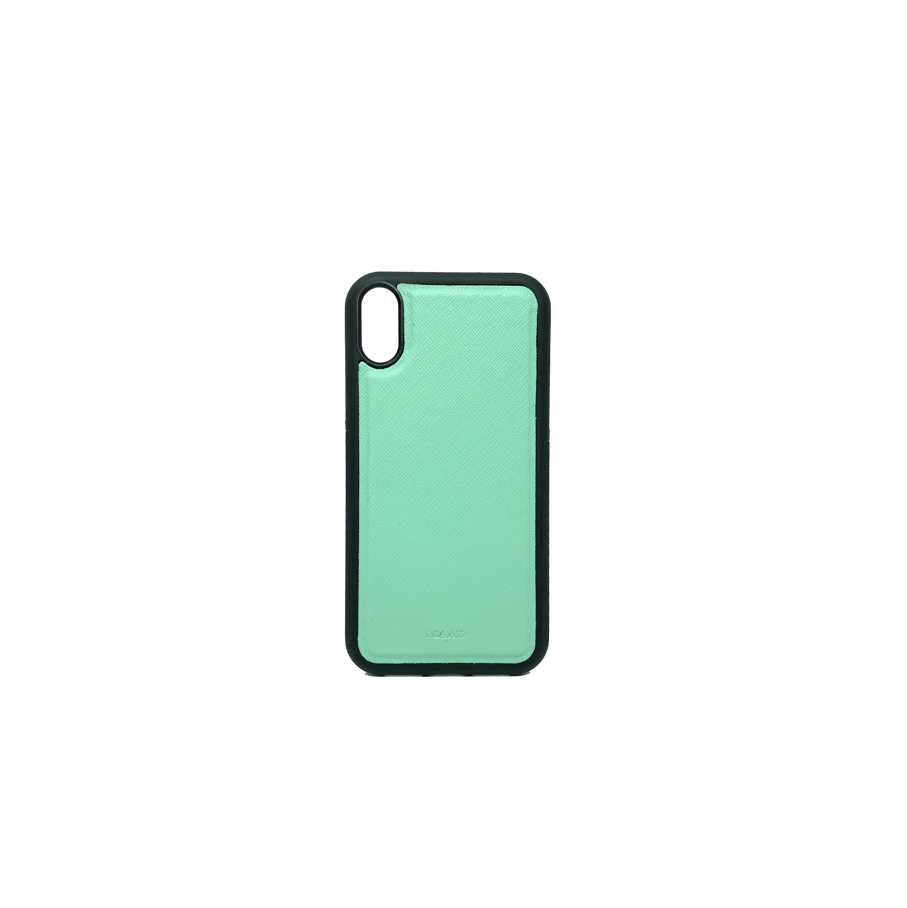 Saffiano Mint iPhone XR Case made of genuine leather with a soft rubber rim, showcasing personalization options.