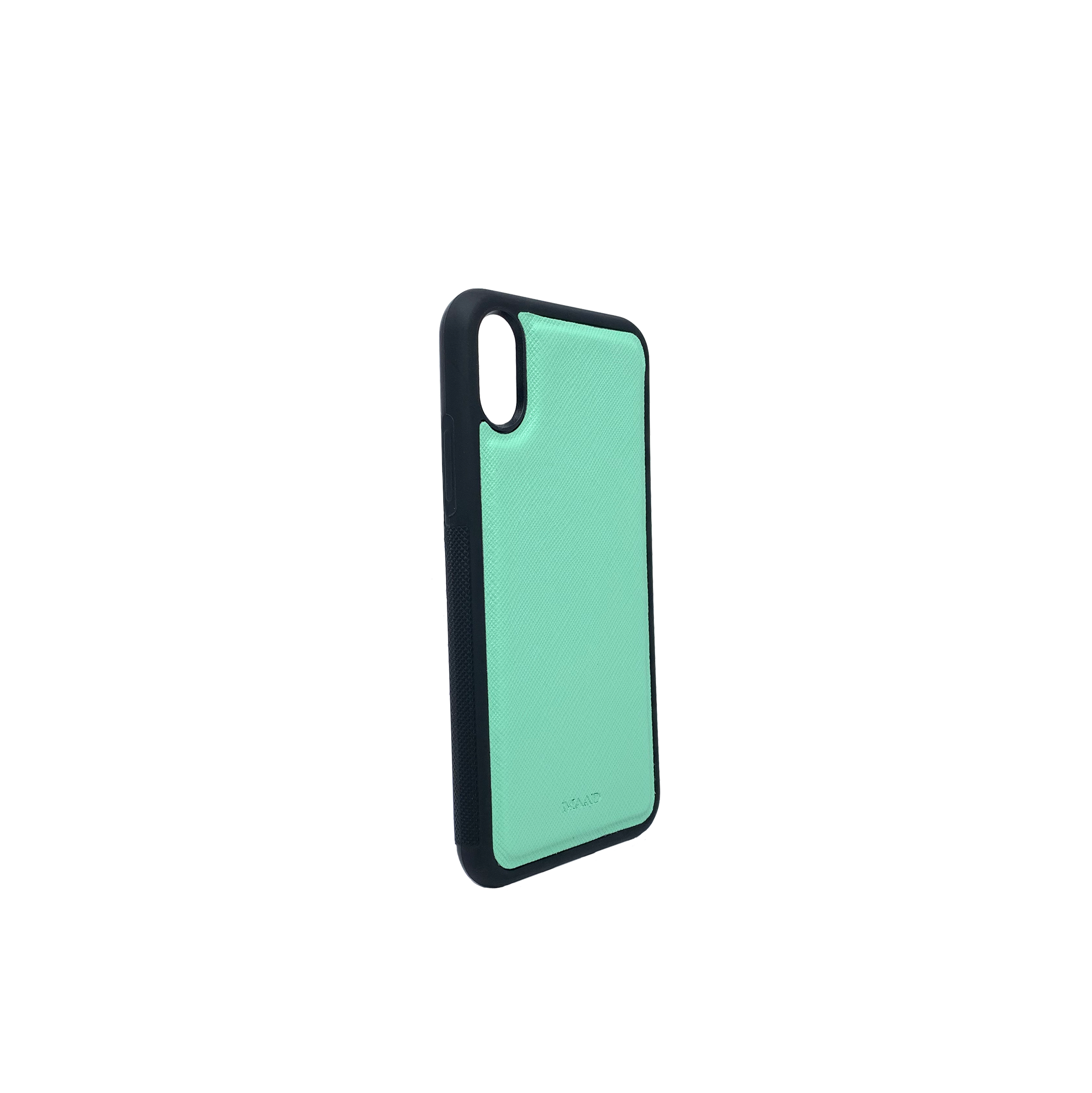 Saffiano Mint iPhone X/XS Case made of genuine leather with a soft rubber rim, showcasing a stylish mint color.