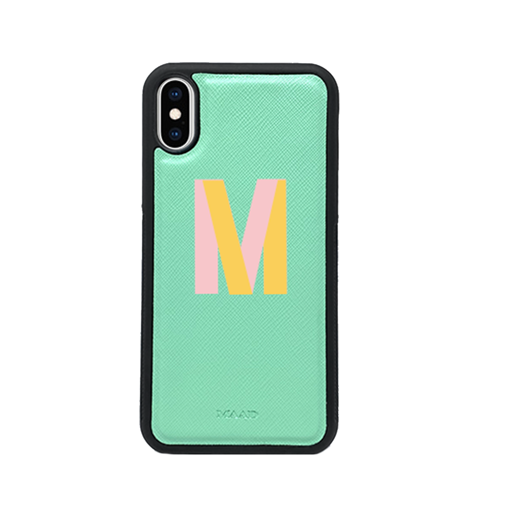 Saffiano Mint iPhone XS Max Case made of genuine leather with a soft rubber rim, showcasing a stylish mint color.