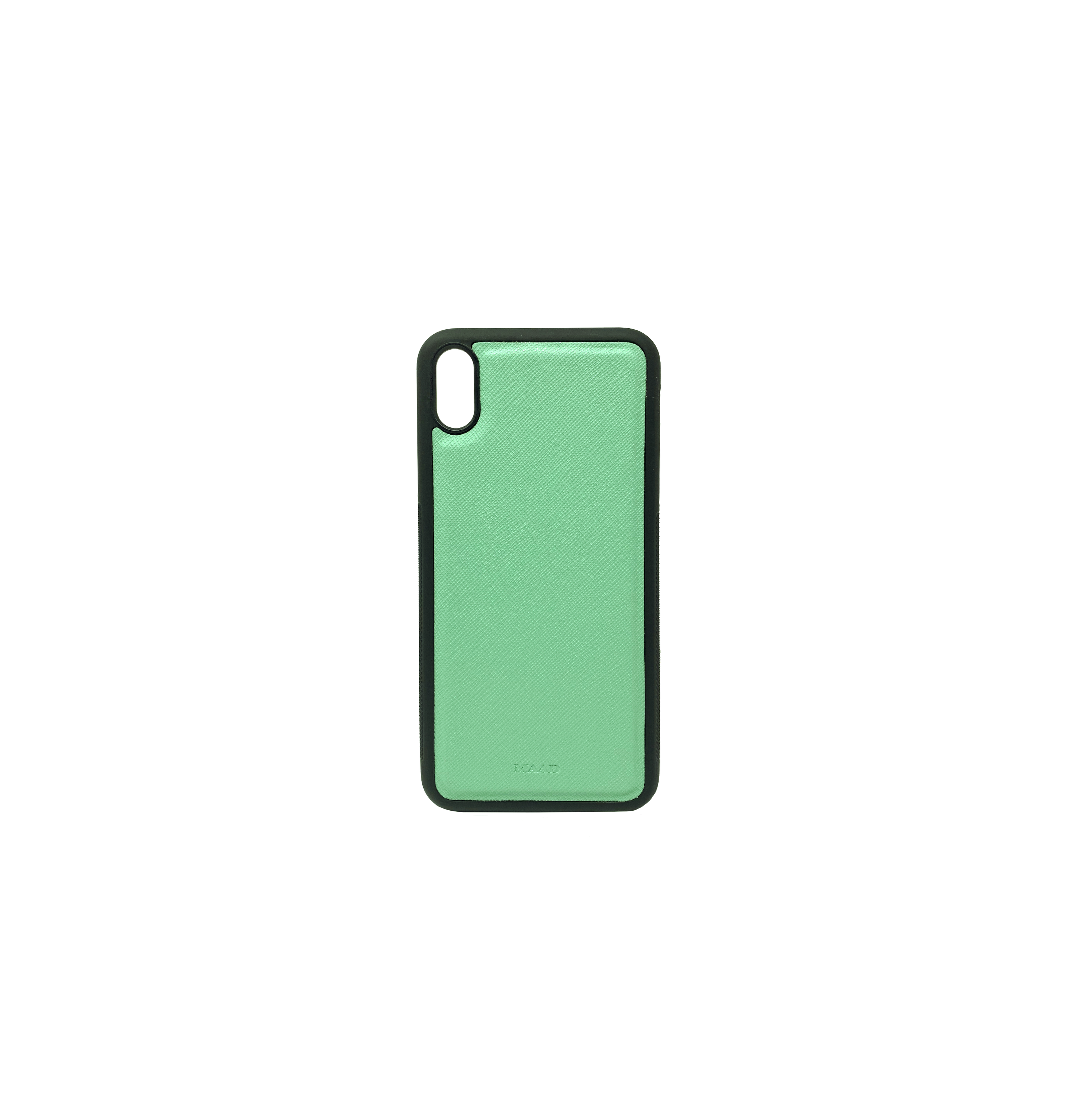 Saffiano Mint iPhone XS Max Case made of genuine leather with a soft rubber rim, showcasing a stylish mint color.