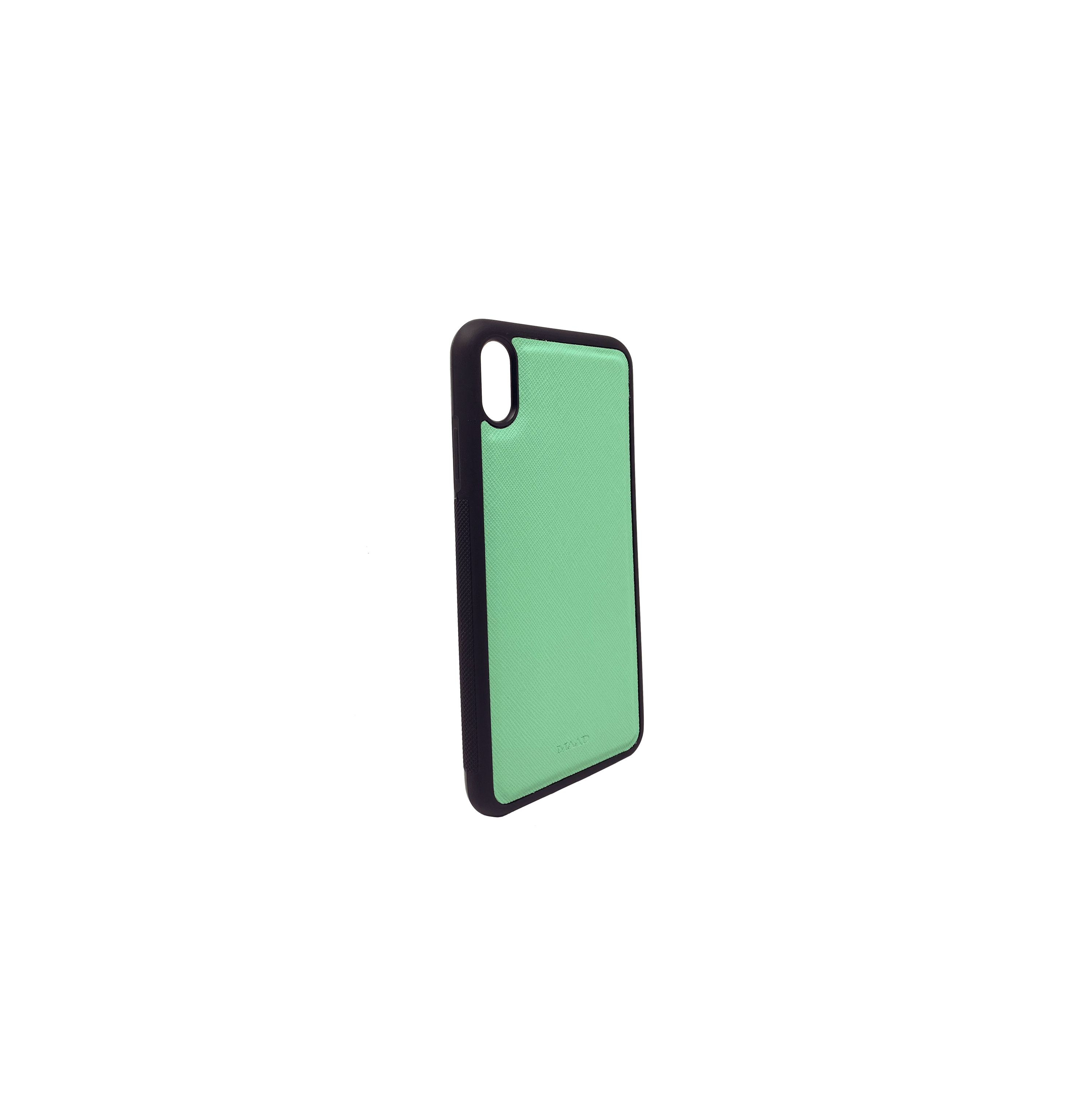 Saffiano Mint iPhone XS Max Case made of genuine leather with a soft rubber rim, showcasing a stylish mint color.