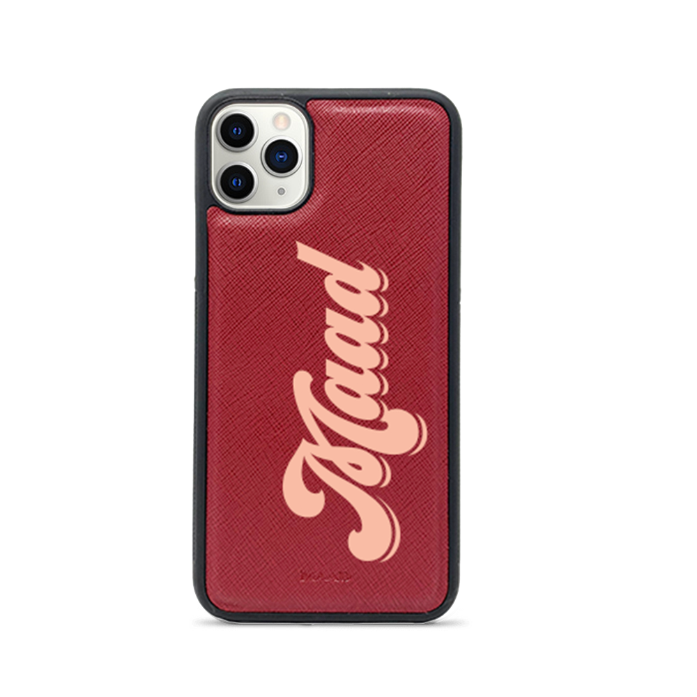 A stylish red Saffiano leather iPhone 11 Pro case with a soft rubber rim, showcasing personalization options.