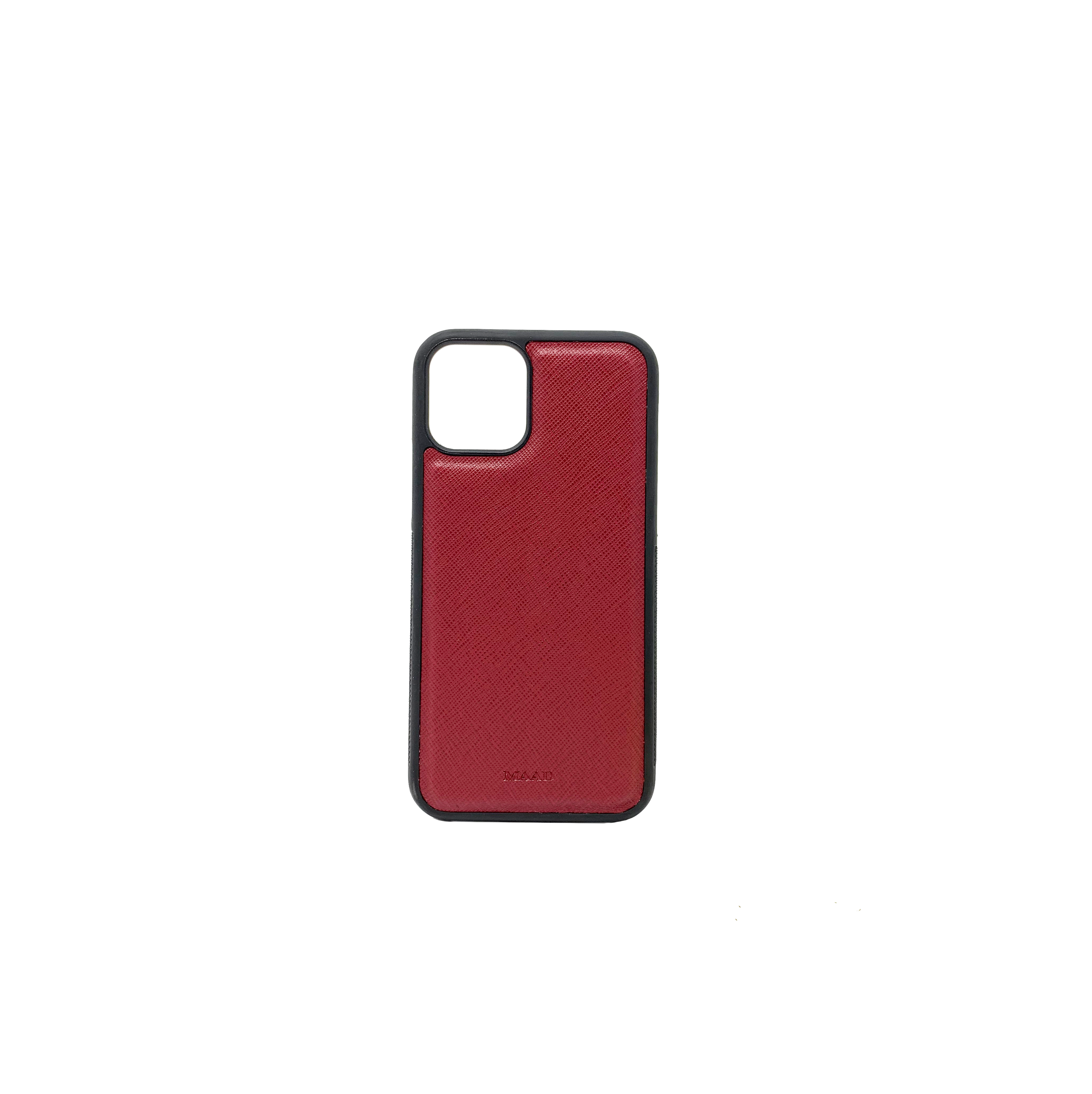 A stylish red Saffiano leather iPhone 11 Pro case with a soft rubber rim, showcasing personalization options.