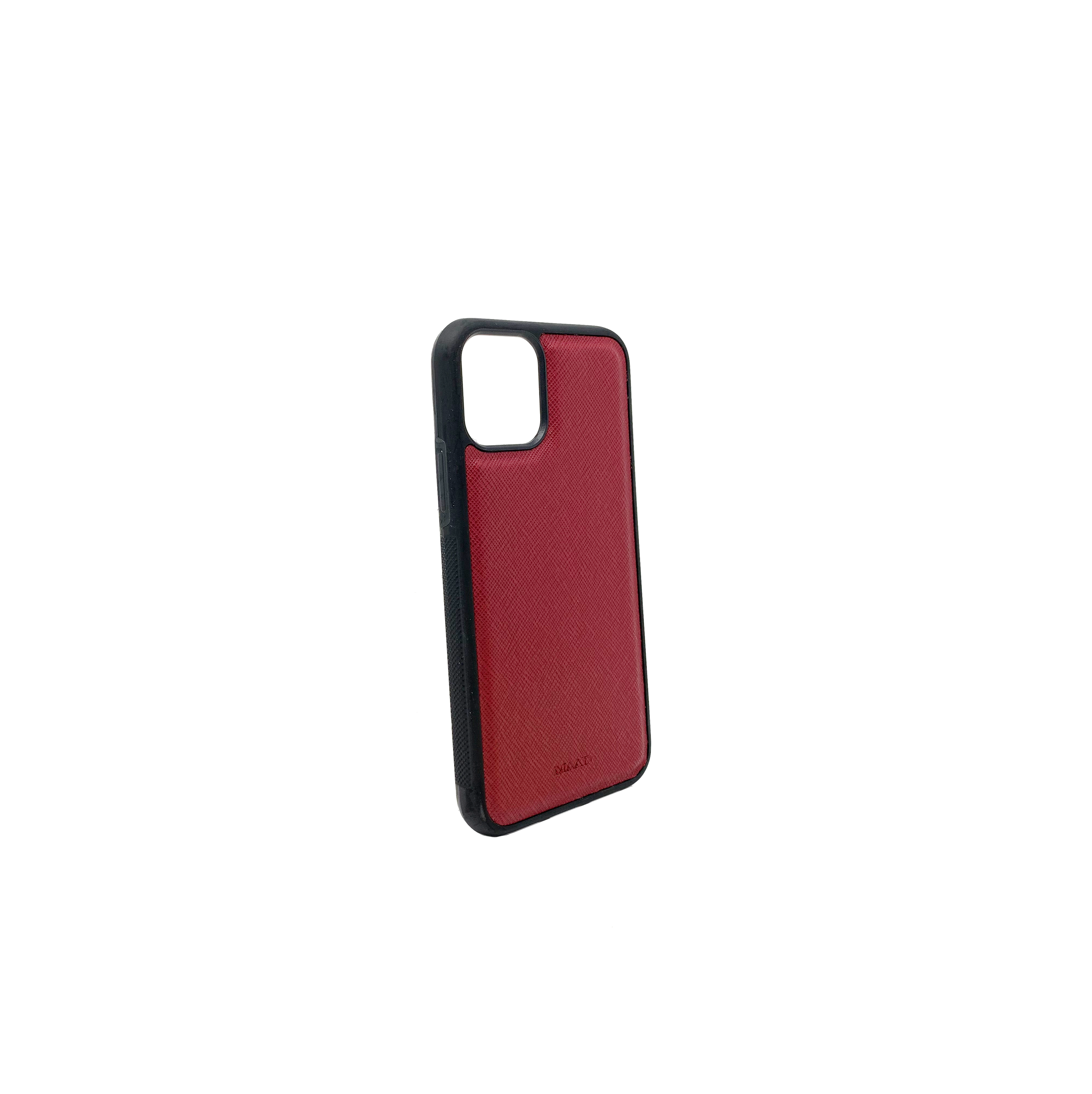 A stylish red Saffiano leather iPhone 11 Pro case with a soft rubber rim, showcasing personalization options.