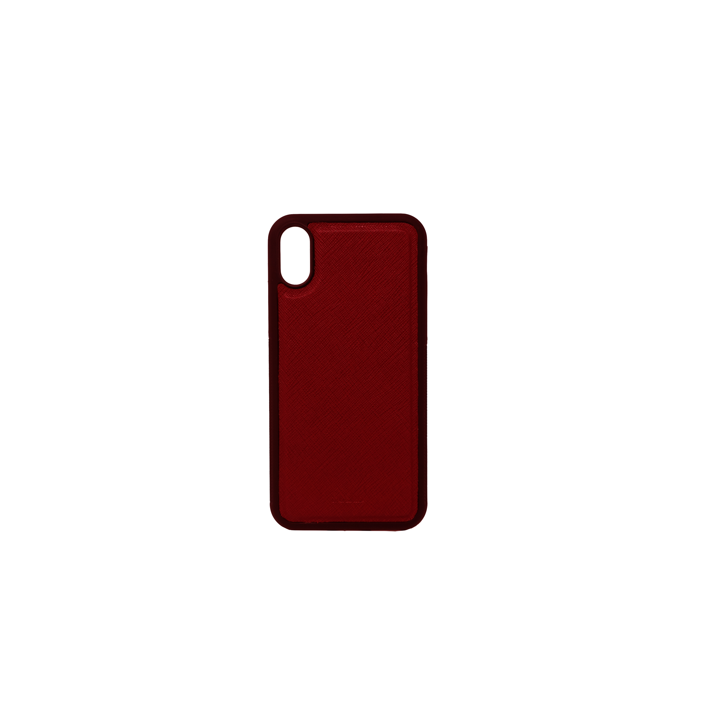 A stylish red Saffiano leather case for iPhone XR with a soft rubber rim, showcasing personalization options.