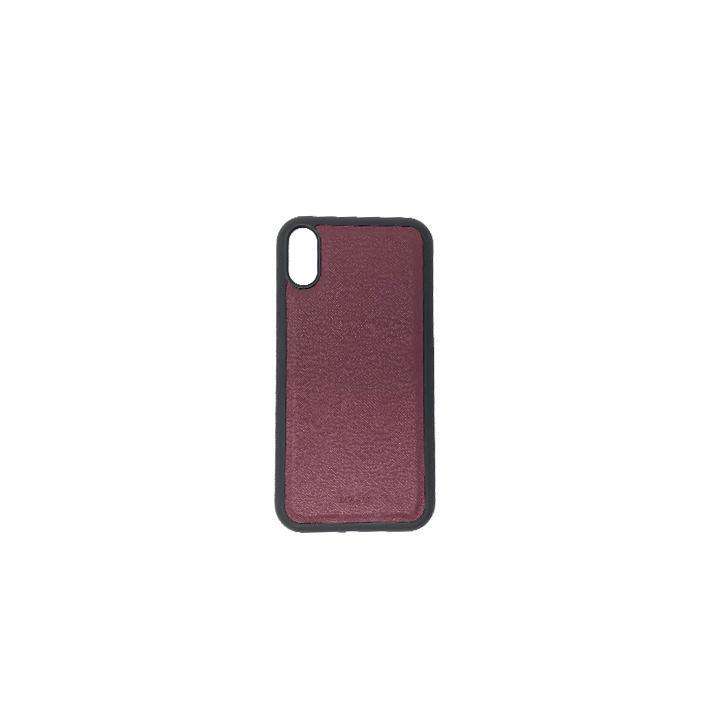 Saffiano Wine Red iPhone XR Case featuring genuine leather and soft rubber rim, showcasing its elegant design and personalization options.