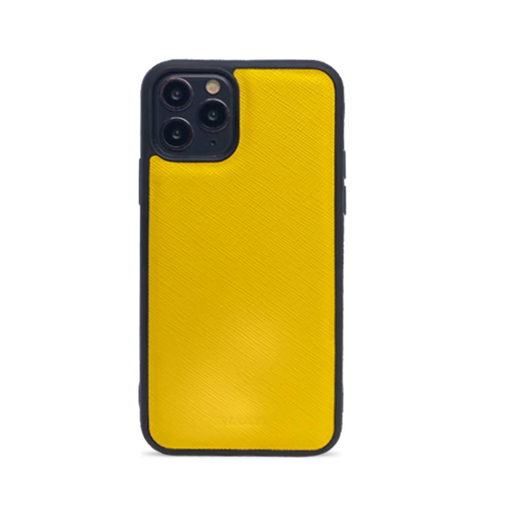 Stylish yellow saffiano leather iPhone 11 Pro case with soft rubber rim, showcasing personalization options.