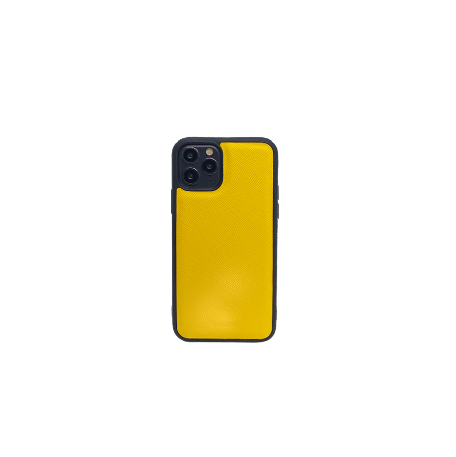 Stylish yellow saffiano leather iPhone 11 Pro case with soft rubber rim, showcasing personalization options.