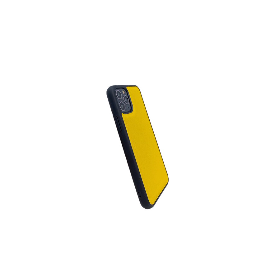 Stylish yellow saffiano leather iPhone 11 Pro case with soft rubber rim, showcasing personalization options.